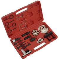 Red Sealey timing tool kit with various metal tools and components in a molded case for diesel engine maintenance.