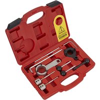 Red Sealey diesel engine timing tool kit with various metal tools in a molded case.