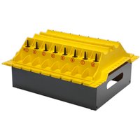 Yellow and black Sealey VSR01 cylinder head component organizer with numbered slots and side handles.