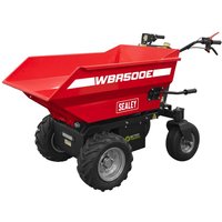 Red Sealey WBR500E 48v cordless electric mini dump truck with large wheels and handlebar controls.