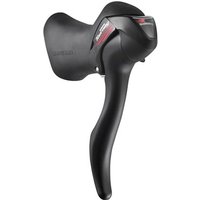 Black Shimano 7-speed double STI shifters with ergonomic grip and integrated gear indicator.