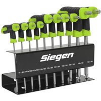 Siegen 10 Piece T Handle Torx Key Set with black and green handles in a black metal stand.