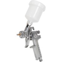 Silver Siegen S631 spray gun with white gravity feed cup and ergonomic handle.