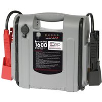 Gray SIP Rescue Pac 1600 jump starter with black and red clamps, LED indicators, and carrying handle.