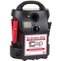 Black SIP 5024 Pro Booster with red clamps, handle, and dial, featuring 5000A 12/24V power and SIP branding.