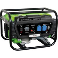 Black and green SIP Medusa T2500W petrol generator with dual blue outlets and control panel.