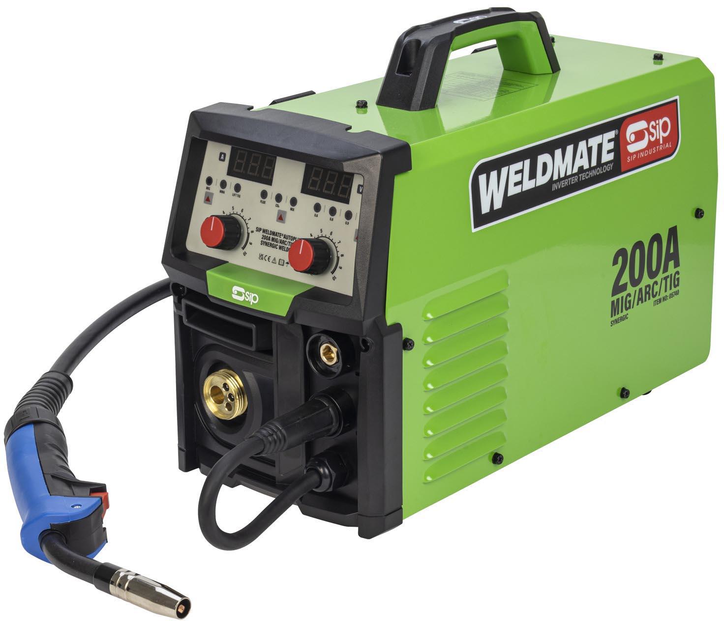 Green SIP WELDMATE® AUTOPLUS 200A welder with digital display, black handle, and MIG/ARC/TIG connectors.