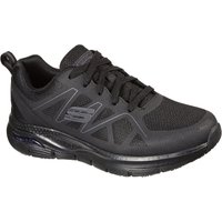 Black Skechers occupational shoe with mesh upper, lace-up design, and cushioned Arch Fit sole, size 10.