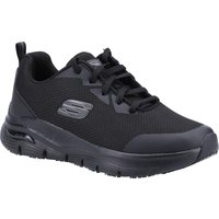 Black Skechers Arch Fit Sr shoes with lace-up design, slip-resistant sole, and padded collar, size 4.
