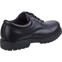 Black Skechers work shoe, leather upper, lace-up design, padded collar, slip-resistant rubber sole, size 12.