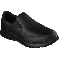 Black Skechers Workwear Flex Advantage men's safety shoes with slip-on design and synthetic material.