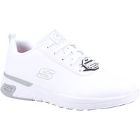 White Skechers slip-resistant work shoe with lace-up design, padded collar, and logo detailing on the side and tongue.