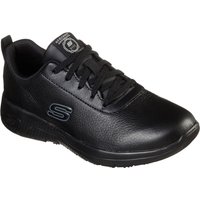 Black Skechers slip-resistant work shoe with lace-up design and logo on side, size 6.