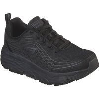 Black Skechers workwear shoes with thick cushioning sole, lace-up design, and textured mesh upper.