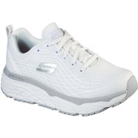 White Skechers workwear shoe with thick cushioning, lace-up design, and slip-resistant sole.