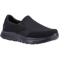 Black Skechers slip-resistant work shoe with mesh upper and cushioned sole, size 7.