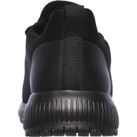 Black Skechers occupational shoe with textured sole, slip-resistant design, and pull tab on heel.