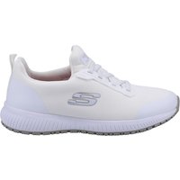 White Skechers workwear shoe with lace-up design, slip-resistant sole, and logo on the side.