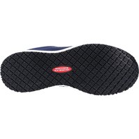 Black Skechers occupational shoe sole with textured grip pattern and red Skechers logo in the center.