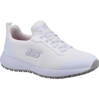 White Skechers workwear shoe, lace-up design, slip-resistant sole, size 5, with logo on side and padded collar.