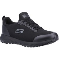 Black Skechers slip-resistant work shoe, lace-up design, wide fit, with logo on side and textured rubber sole.