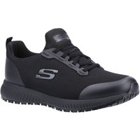 Black Skechers Workwear safety trainers with wide textile design, slip-resistant sole, and lace-up front.