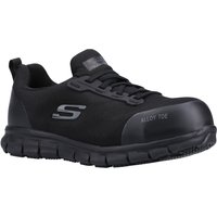 Black Skechers Sure Track Jixie safety shoes, alloy toe, slip-resistant sole, lace-up design, size 7.