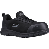 Black Skechers safety shoes with alloy toe, lace-up design, and cushioned sole, featuring Skechers logo on the side.