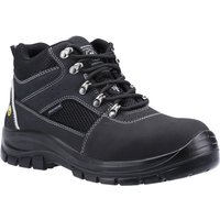 Black Skechers safety boot, size 8, with silver eyelets, reinforced toe, and padded ankle support.