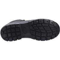 Black Skechers safety boot with rugged rubber sole, deep treads, and reinforced stitching, size 9.