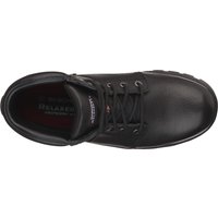 Black Skechers Workshire safety boot, size 7, with lace-up front and padded collar, top view.