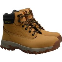 Honey-colored Stanley safety boots, UK size 7, with black collar, metal eyelets, and rugged brown sole.