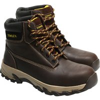 Brown Stanley safety boots with black padded collar, yellow logo, and rugged sole, size UK 11 EUR 45.