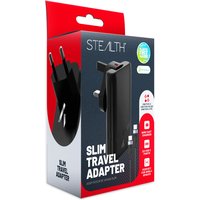 Black Stealth Mains Adaptor for Nintendo Switch 2, compact design with EU plug, USB-C port, in red and black packaging.