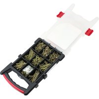 Yellow tray of Timco Velocity screws, double countersunk, in assorted compartments with red latches.