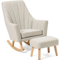 Pebble-colored rocking chair with angled backrest and matching foot stool, both on light wooden legs.