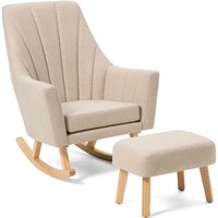 Stone-colored rocking chair with angled backrest and matching foot stool, both with light wood legs.