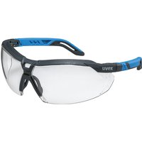 Uvex i-5 safety glasses with clear lenses, charcoal frame, and blue accents on the arms.