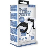 White and black Venom Twin Docking Station for PS5 controllers, with LED indicators and compact design.