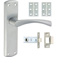 Satin chrome door handle with rectangular backplate, two hinges, and latch set by TIMCO.