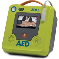 Zoll AED 3 Semi-Automatic Defibrillator, bright green with LCD screen, orange handle, and electrode cable.