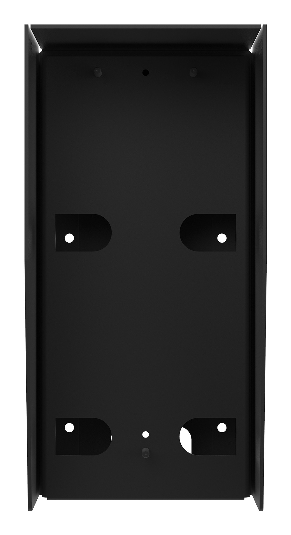 Black metal gooseneck mounting hood with a sleek design, featuring multiple mounting holes for secure installation and a smooth, durable finish.