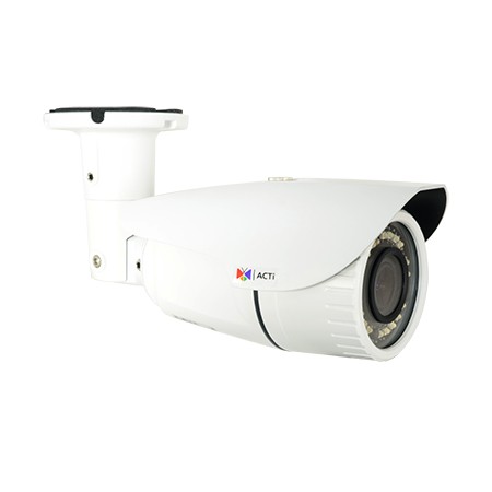 White bullet-style outdoor security camera with a sleek design, featuring a prominent lens and infrared LEDs for night vision, mounted on a sturdy bracket.
