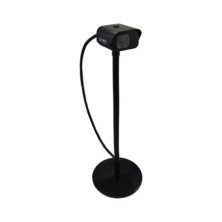 Black outdoor security camera with a sleek design, featuring a flexible neck and a sturdy round base, capable of 1920 x 1080 resolution for clear surveillance.
