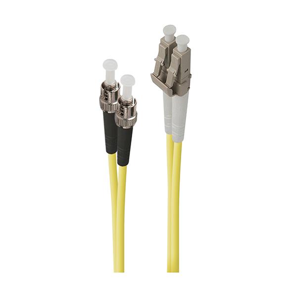 Yellow 3m LC-ST single mode duplex LSZH fibre cable with two connectors, featuring a grey and black design for secure connections.