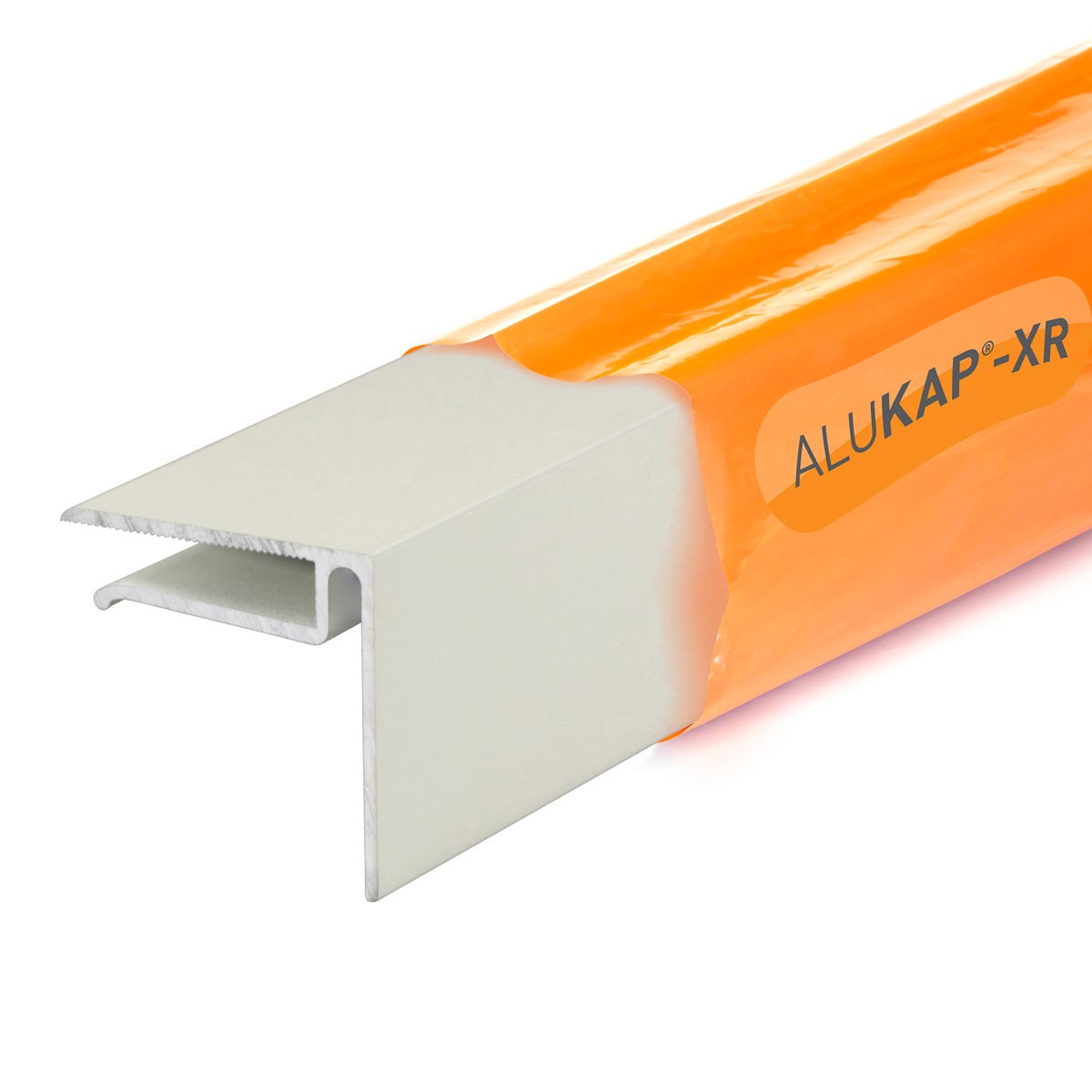White 6.4mm end stop bar, 2.4M long, made of durable aluminum, featuring a sleek design with a protective orange film covering.
