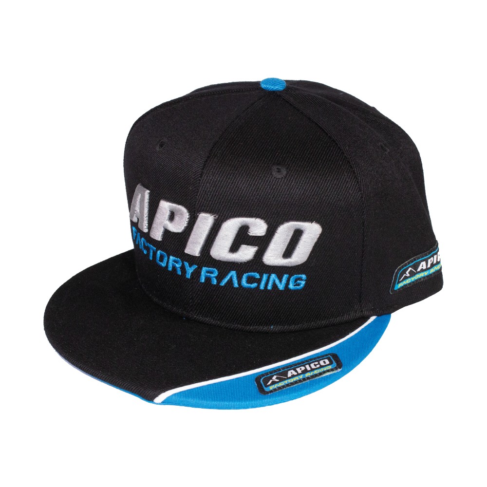 Black snapback cap featuring "APICO" and "Factory Racing" embroidered in white, with a blue underside and side detailing, made from durable fabric.