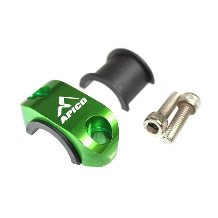 Green aluminum Apico Master Cylinder Perch Rotator Clamp with a sleek design, featuring a logo, a black rubber insert, and two silver screws for installation.