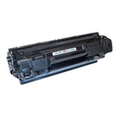Black toner cartridge with a sleek design, featuring a label on the side and a connector end for easy installation, suitable for various printer models.