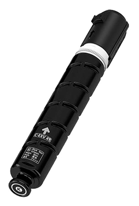 Black toner cartridge with a cylindrical shape, featuring a textured grip, white accents, and a circular end cap, labeled with product details and compatibility information.
